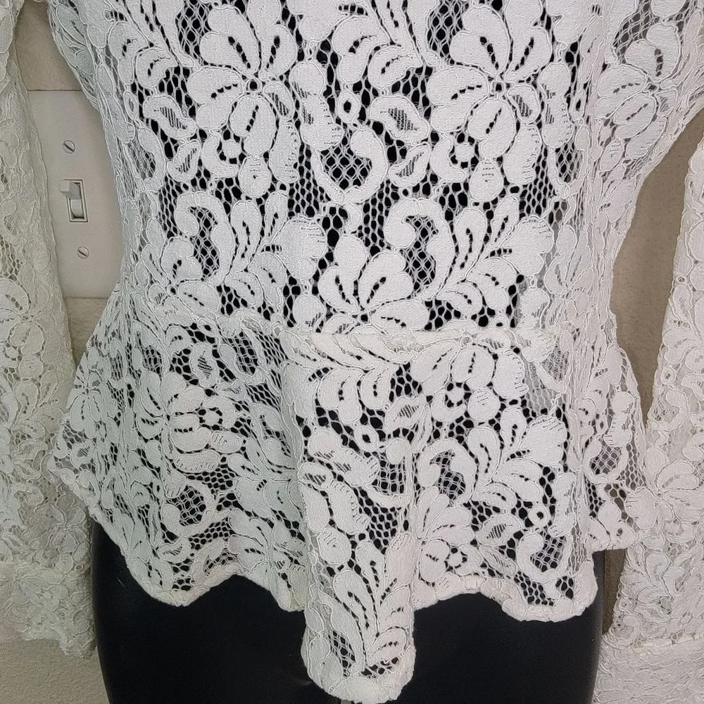 Zara White Lace Deep V Back Peplum Blouse Top Size XS